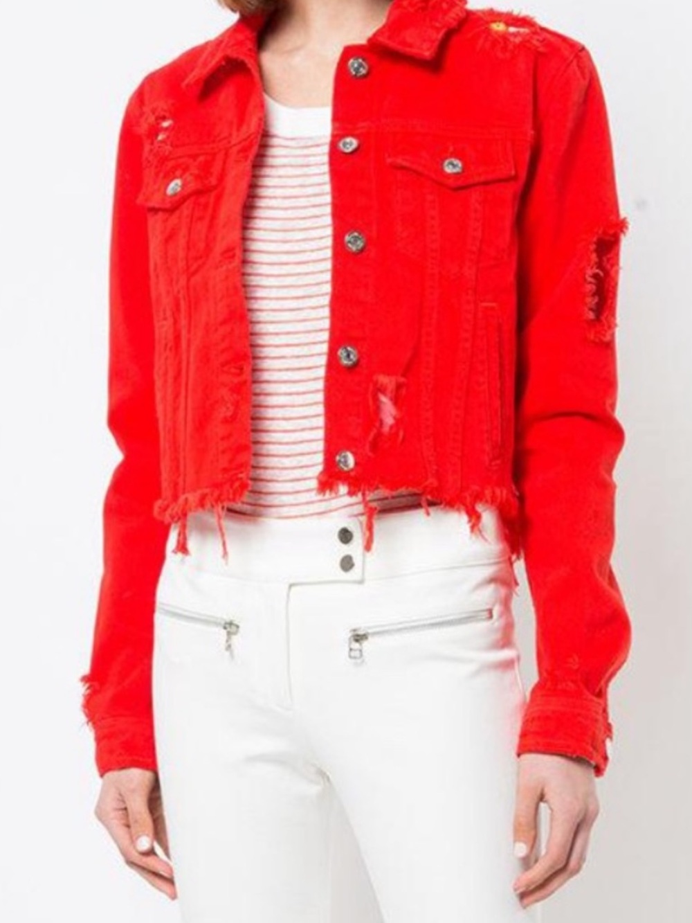 Veronica Beard Neon Red Distressed Jean Jacket